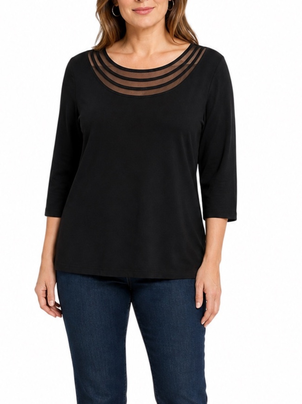 Rafaella Studio Black 100% Cotton Top 1X Mesh Illusion Neck 3/4 Sleeve
